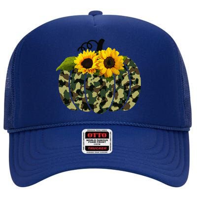 Camouflage And Sunflower Pumpkin Fall Autumn Thanksgiving High Crown Mesh Back Trucker Hat