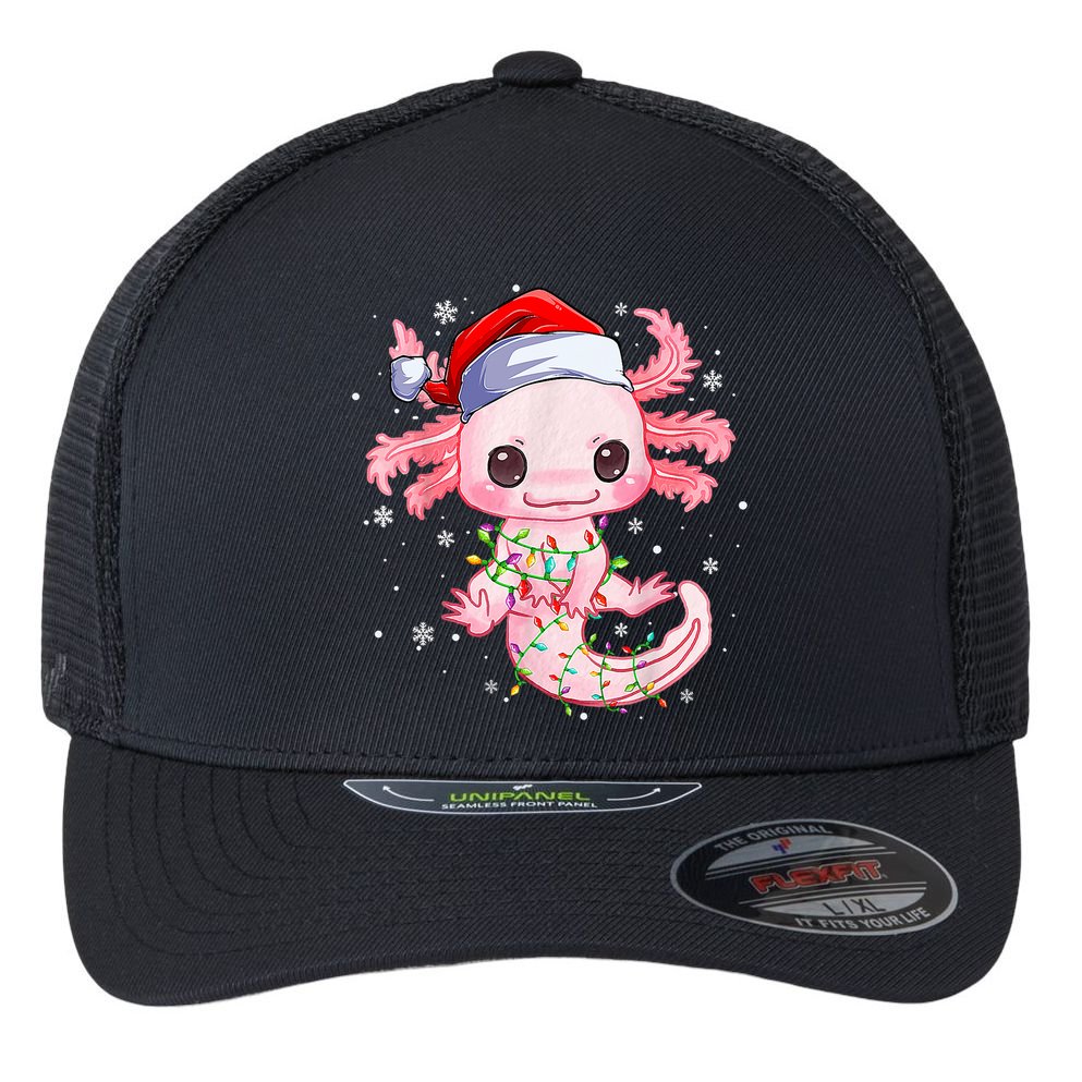 Christmas Axolotl Santa Hat Lights Japanese Cute Anime Xmas Flexfit Unipanel Trucker Cap