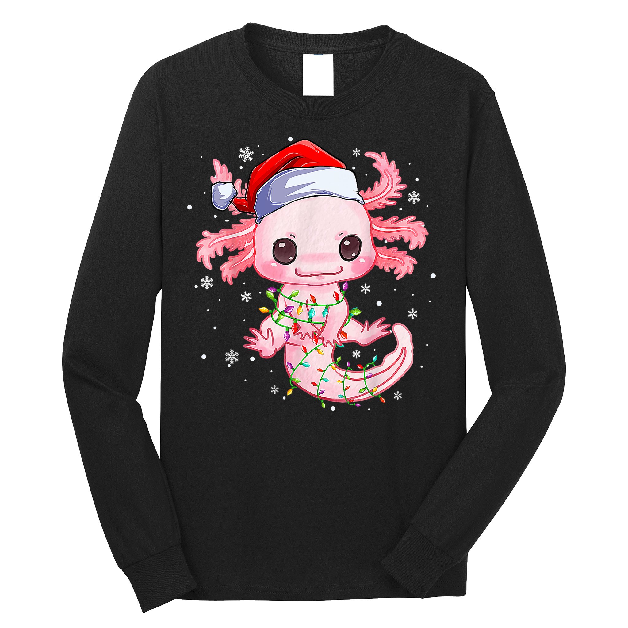 Christmas Axolotl Santa Hat Lights Japanese Cute Anime Xmas Long Sleeve Shirt