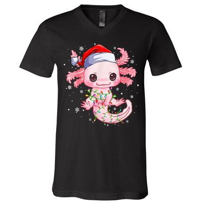 Christmas Axolotl Santa Hat Lights Japanese Cute Anime Xmas V-Neck T-Shirt