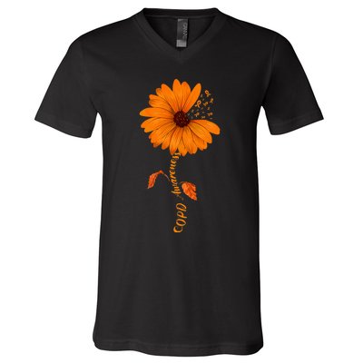 Copd Awareness Sunflower Orange Ribbon V-Neck T-Shirt