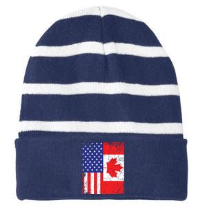 Canadian American Shirts USA Canada Flag 4th Of July Striped Beanie with Solid Band