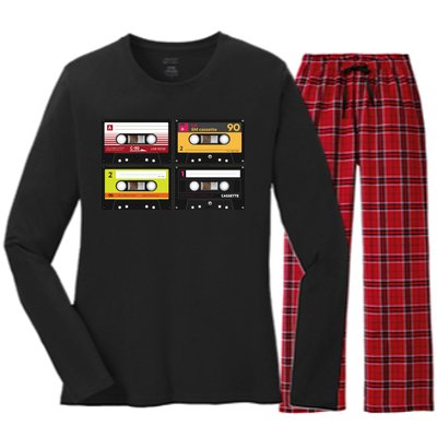 Cassette Tapes Music Mixtape Vintage Retro 80s Tech Women's Long Sleeve Flannel Pajama Set 