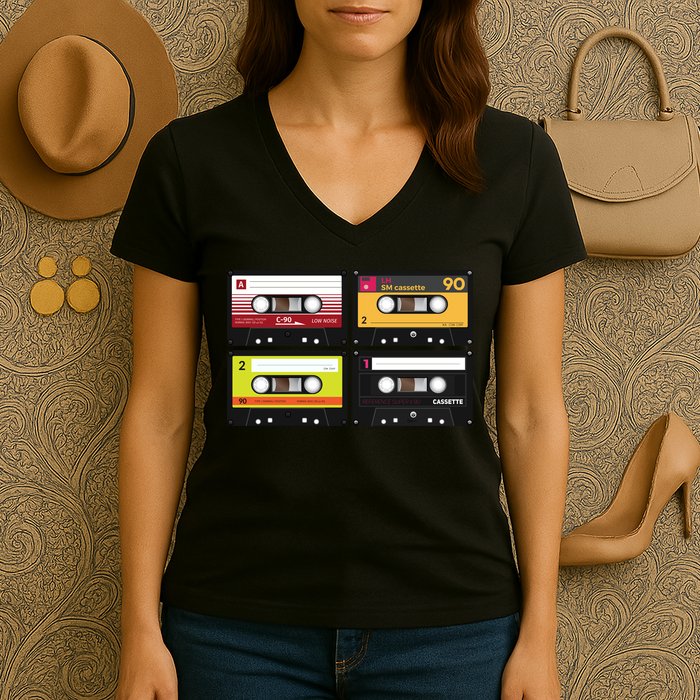 Cassette Tapes Music Mixtape Vintage Retro 80s Tech Women's V-Neck T-Shirt