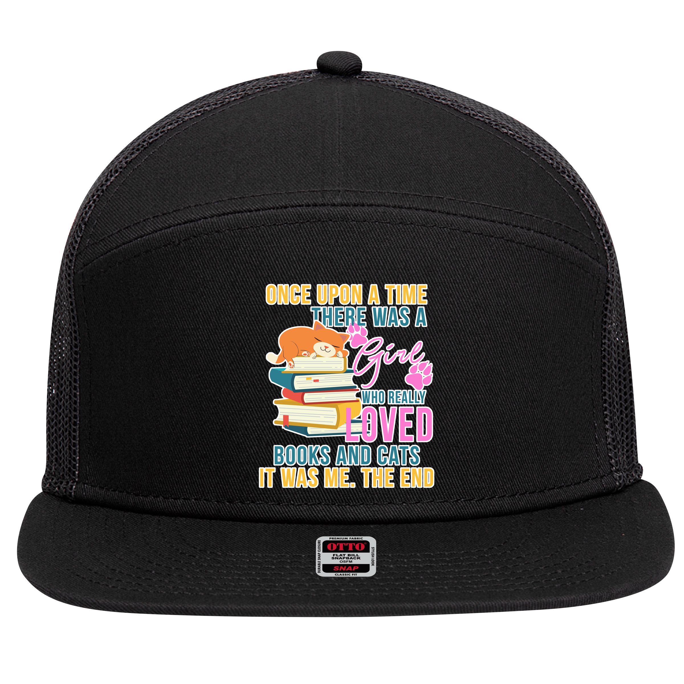Cat And Books Girl 7 Panel Mesh Trucker Snapback Hat