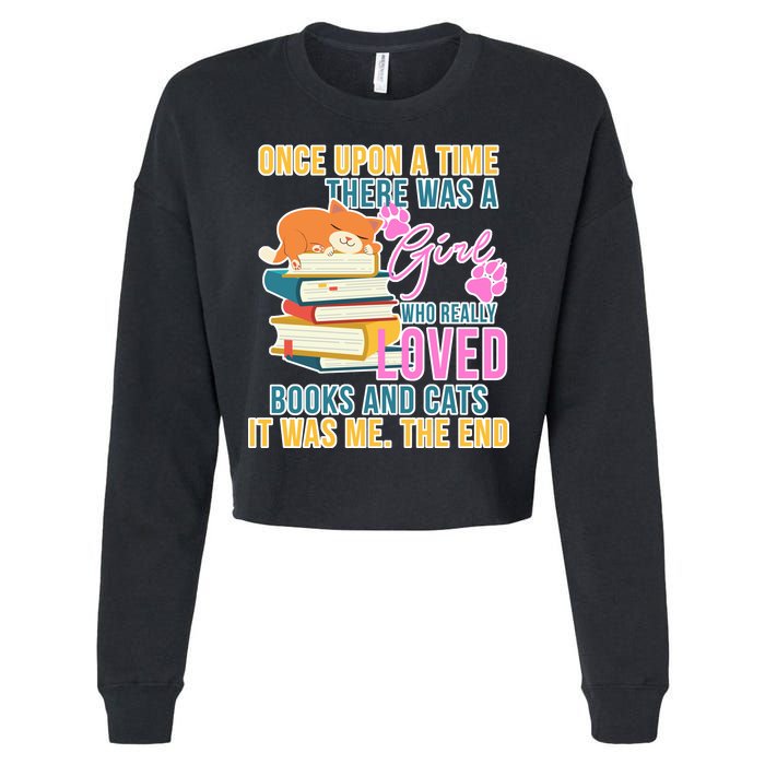 Cat And Books Girl Cropped Pullover Crew