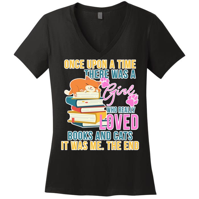 Cat And Books Girl Women's V-Neck T-Shirt