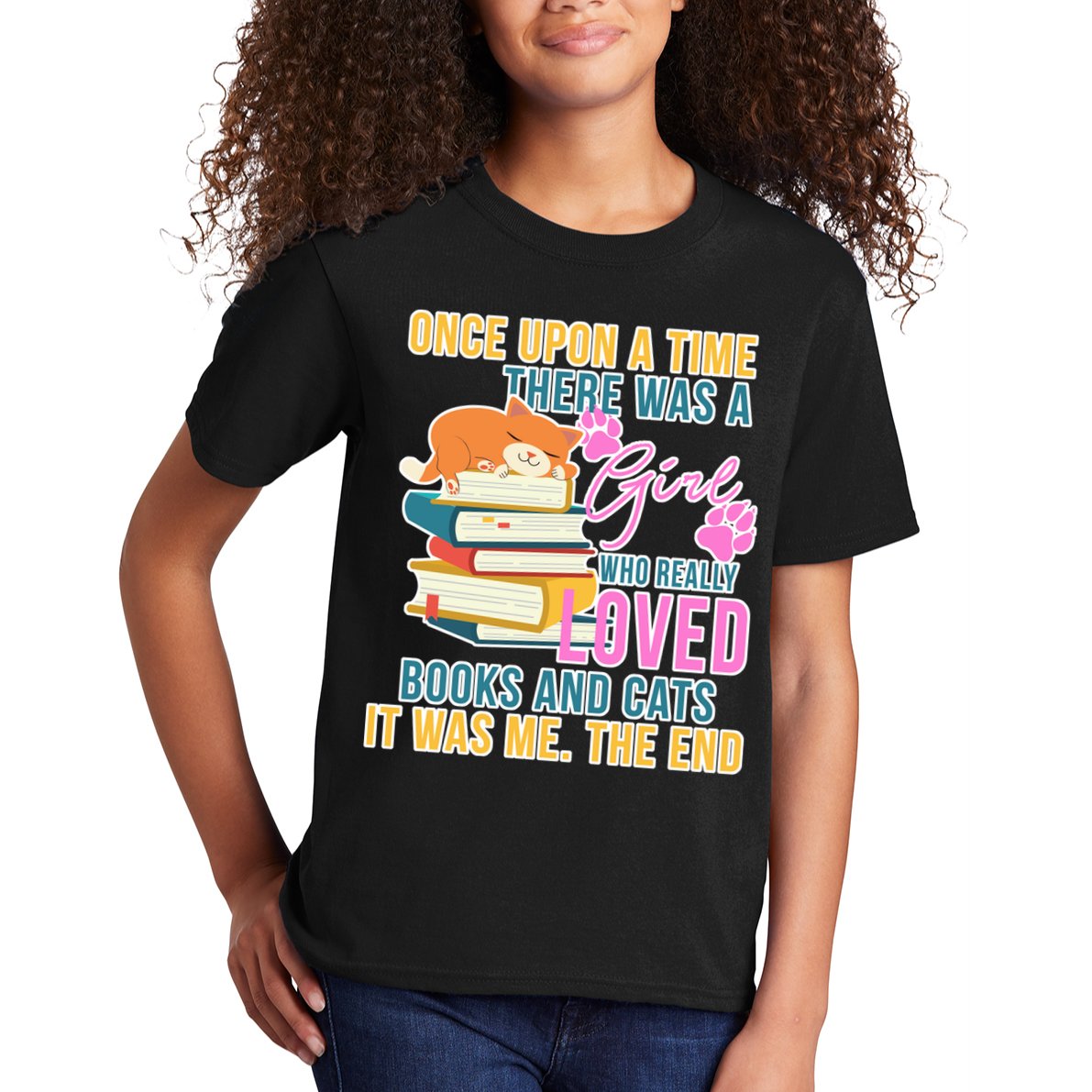 Cat And Books Girl Kids T-Shirt