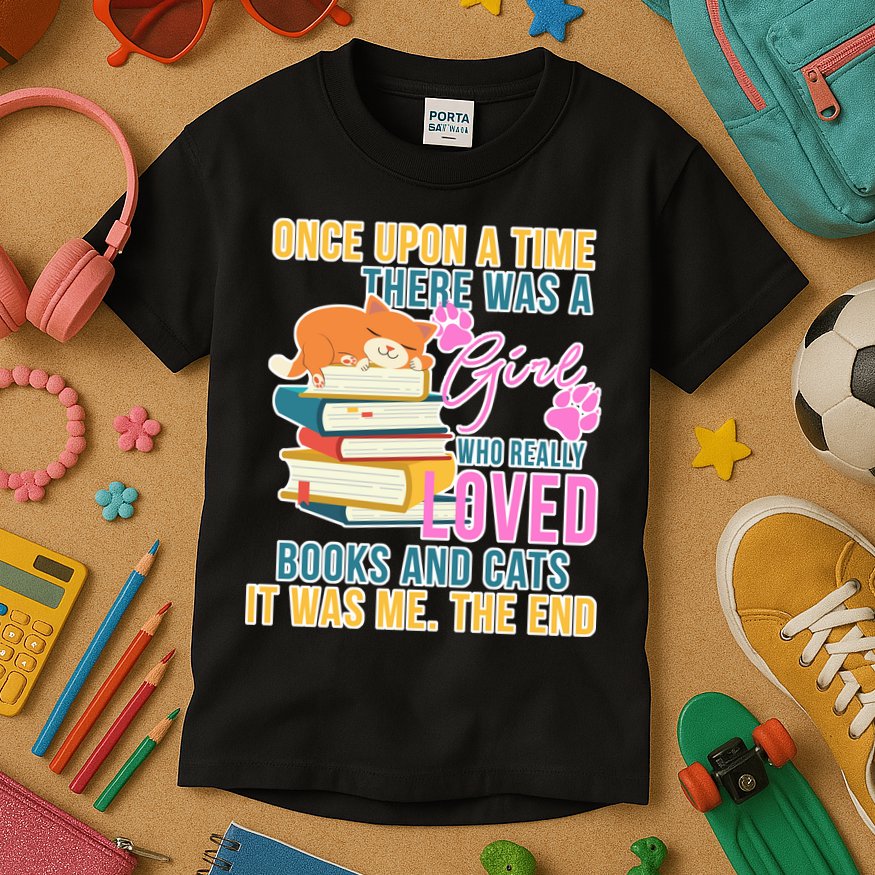 Cat And Books Girl Kids T-Shirt