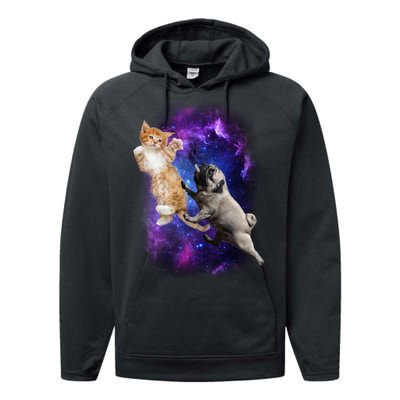 Cat And Pug In Space Performance Fleece Hoodie