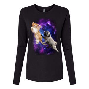 Cat And Pug In Space Womens Cotton Relaxed Long Sleeve T-Shirt