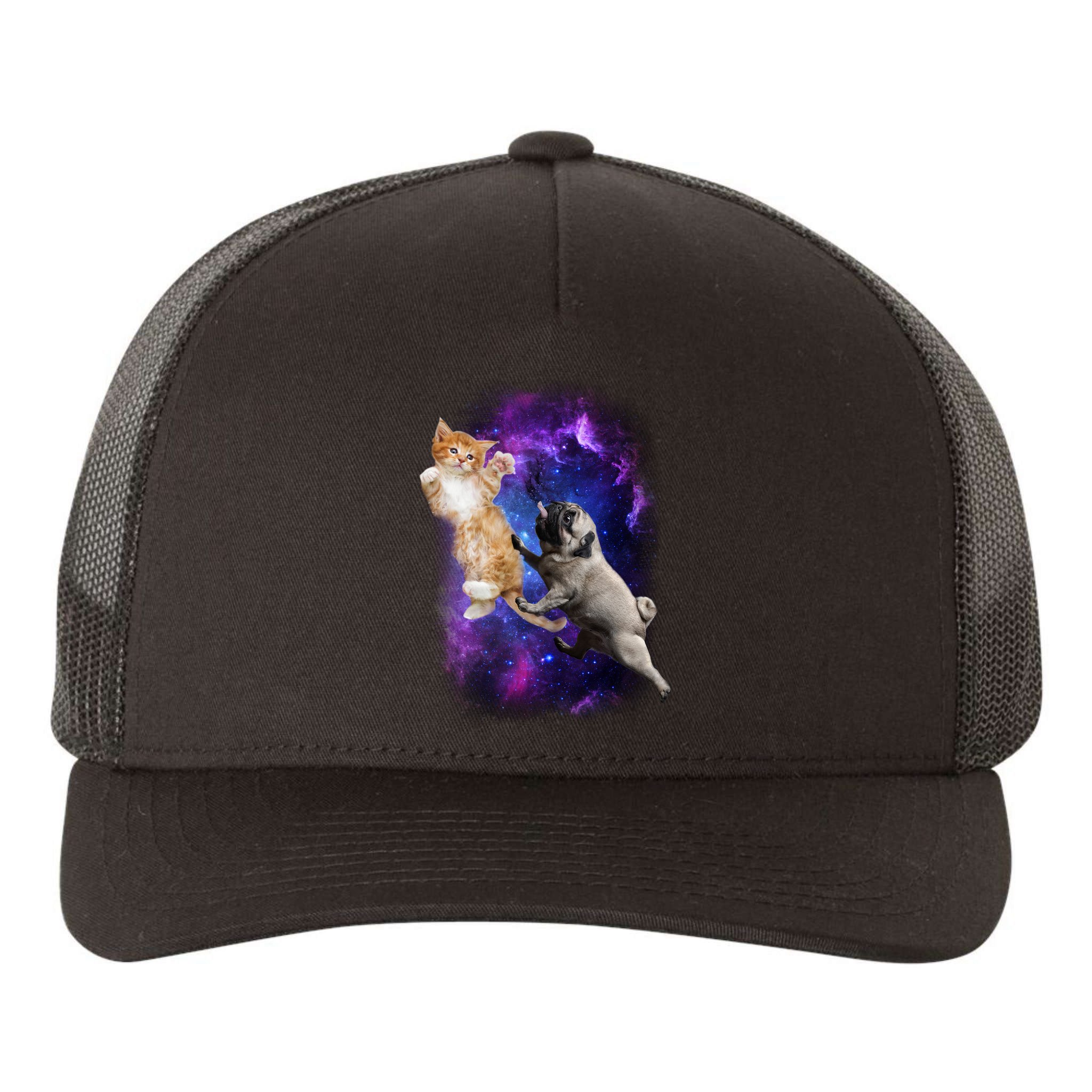 Cat And Pug In Space Yupoong Adult 5-Panel Trucker Hat