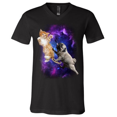 Cat And Pug In Space V-Neck T-Shirt