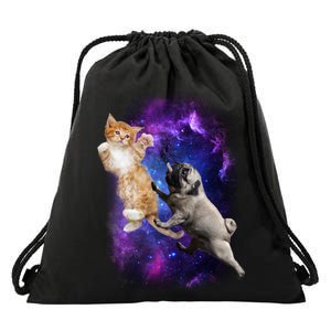 Cat And Pug In Space Drawstring Bag