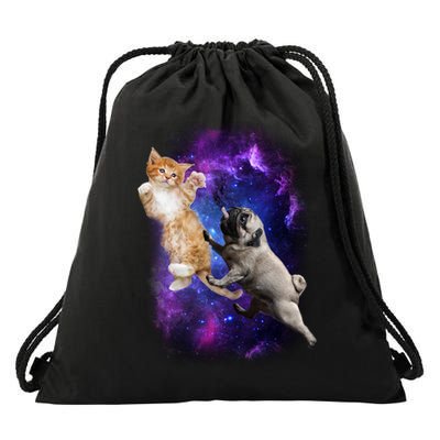 Cat And Pug In Space Drawstring Bag