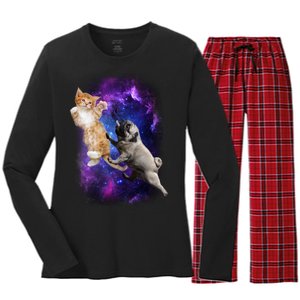 Cat And Pug In Space Women's Long Sleeve Flannel Pajama Set 