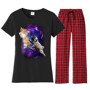 Cat And Pug In Space Women's Flannel Pajama Set