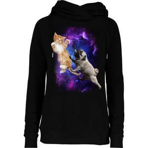 Cat And Pug In Space Womens Funnel Neck Pullover Hood