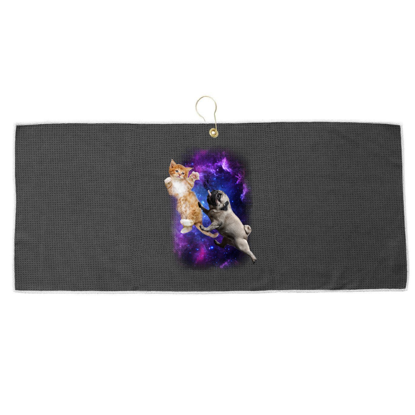 Cat And Pug In Space Large Microfiber Waffle Golf Towel