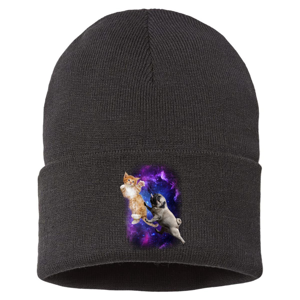 Cat And Pug In Space Sustainable Knit Beanie
