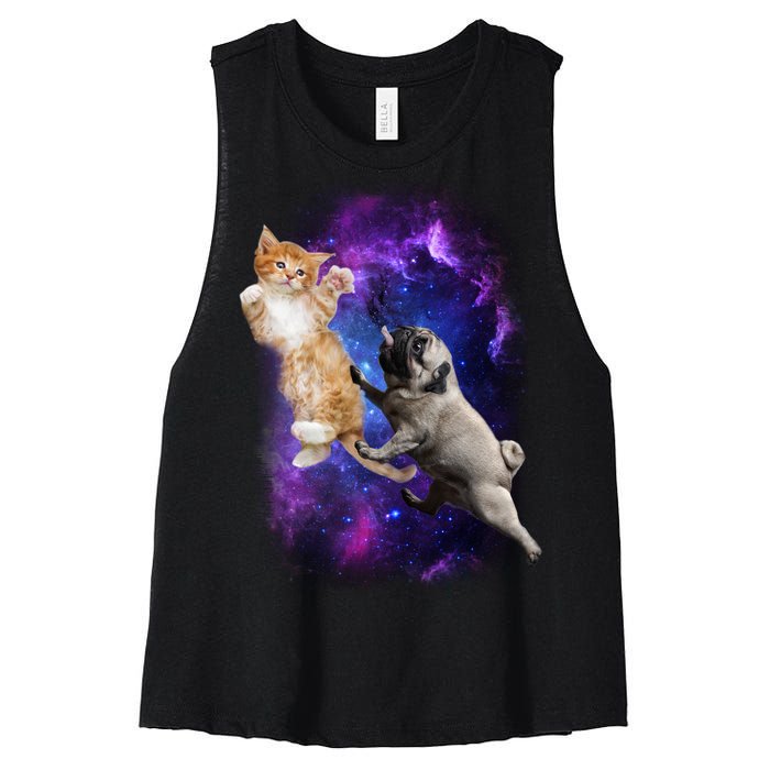 Cat And Pug In Space Women's Racerback Cropped Tank