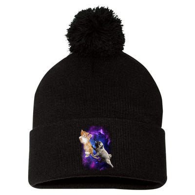 Cat And Pug In Space Pom Pom 12in Knit Beanie