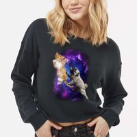 Cat And Pug In Space Cropped Pullover Crew