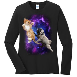 Cat And Pug In Space Ladies Long Sleeve Shirt