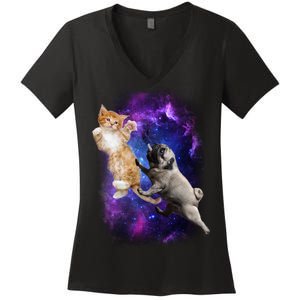 Cat And Pug In Space Women's V-Neck T-Shirt