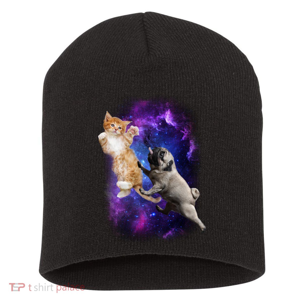 Cat And Pug In Space Short Acrylic Beanie