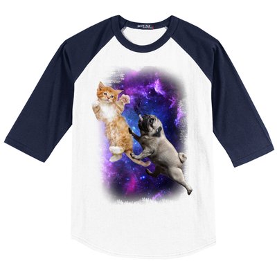 Cat And Pug In Space Baseball Sleeve Shirt