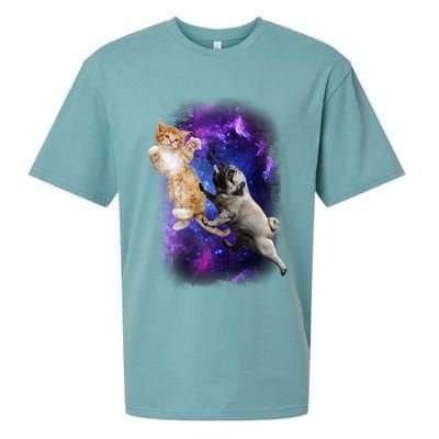 Cat And Pug In Space Sueded Cloud Jersey T-Shirt