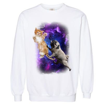 Cat And Pug In Space Garment-Dyed Sweatshirt
