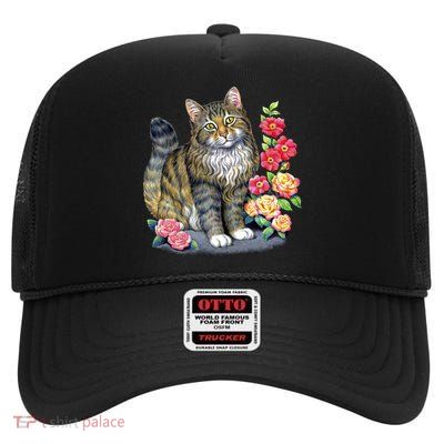 Cat and Roses High Crown Mesh Back Trucker Hat