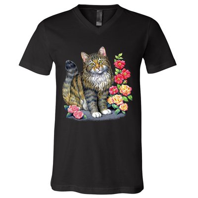 Cat and Roses V-Neck T-Shirt