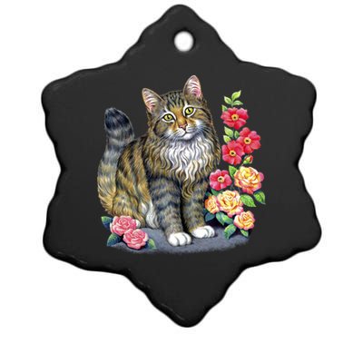 Cat and Roses Ceramic Star Ornament