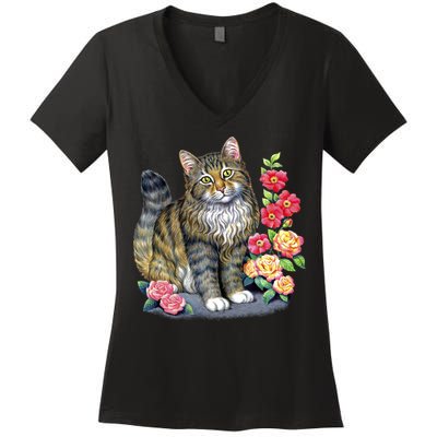 Cat and Roses Women's V-Neck T-Shirt
