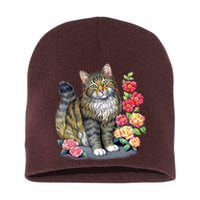 Cat and Roses Short Acrylic Beanie