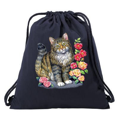 Cat and Roses Drawstring Bag