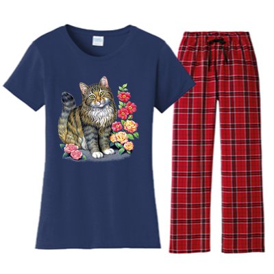 Cat and Roses Women's Flannel Pajama Set