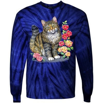 Cat and Roses Tie-Dye Long Sleeve Shirt