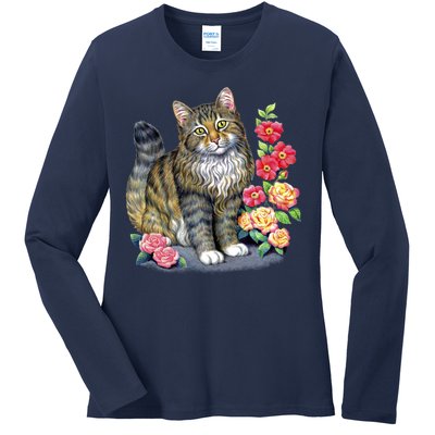 Cat and Roses Ladies Long Sleeve Shirt