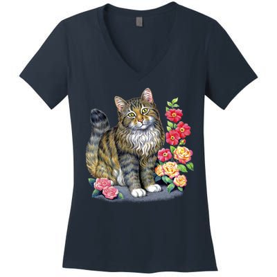 Cat and Roses Women's V-Neck T-Shirt