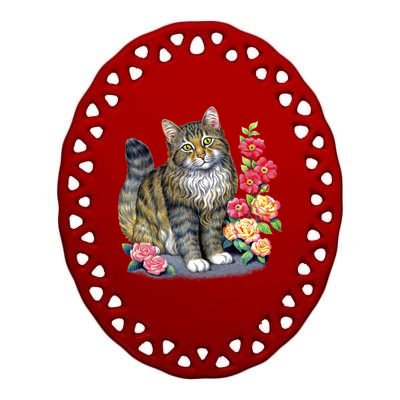 Cat and Roses Ceramic Oval Ornament