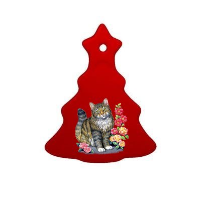 Cat and Roses Ceramic Tree Ornament