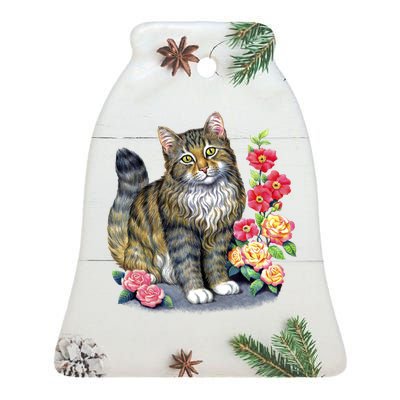 Cat and Roses Ceramic Bell Ornament