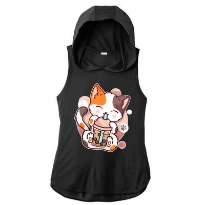 Cat Boba Tea Kawaii Ladies PosiCharge Tri-Blend Wicking Draft Hoodie Tank