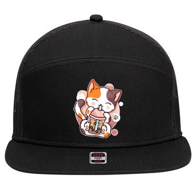 Cat Boba Tea Kawaii 7 Panel Mesh Trucker Snapback Hat