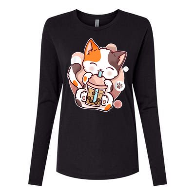 Cat Boba Tea Kawaii Womens Cotton Relaxed Long Sleeve T-Shirt