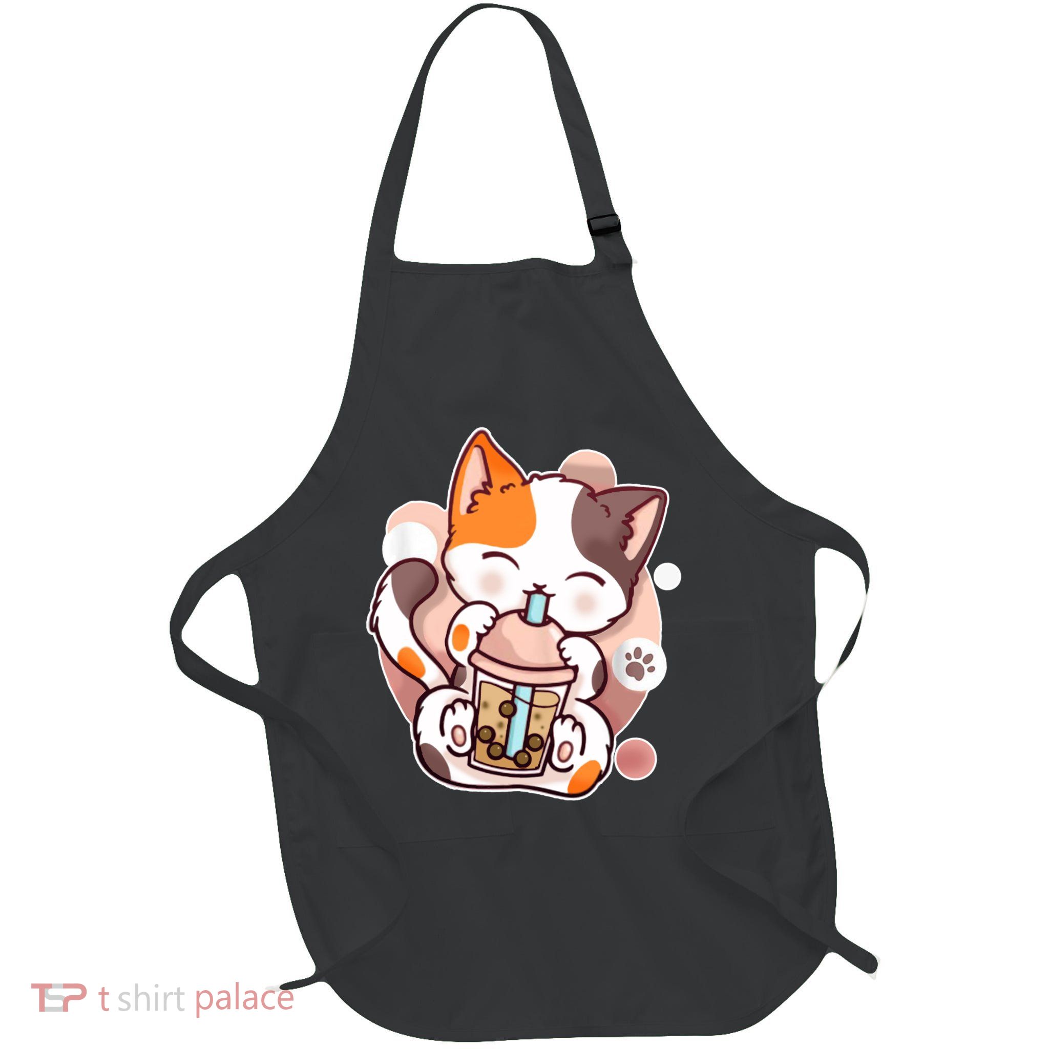 Cat Boba Tea Kawaii Full-Length Apron With Pockets